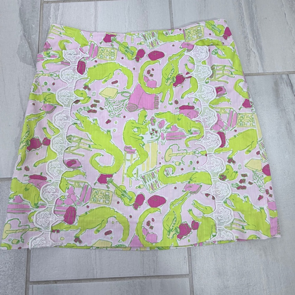 Lilly Pulitzer Originals Pink Alligator Print Mini Skirt Lace Trim Size 6
